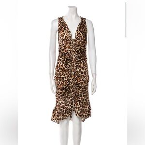 Caroline Constas Leopard Print Ruched Midi Dress L
